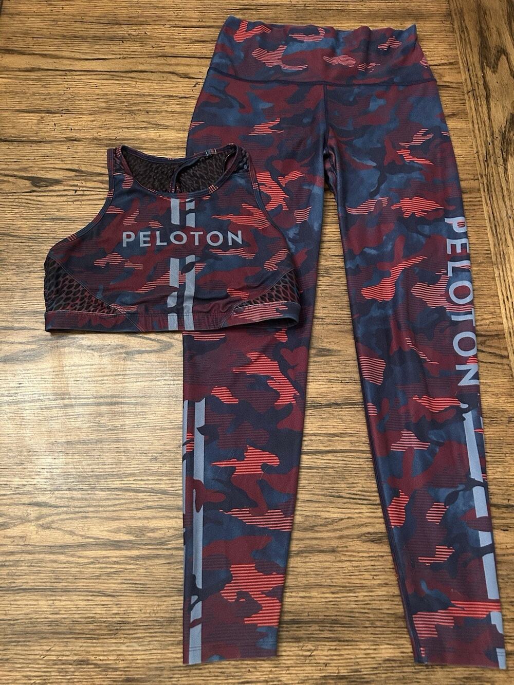 Peloton Camouflage Leggings/Sports Bra, Red/Blue Size Medium